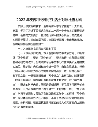 2022年支部书记组织生活会对照检查材料