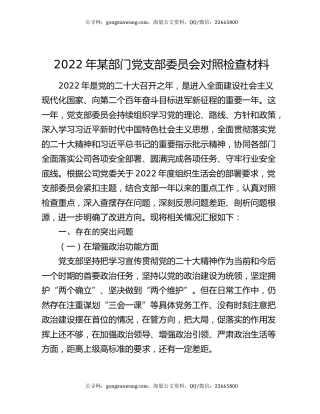 2022年某部门党支部委员会对照检查材料