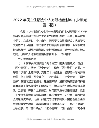 2022年民主生活会个人对照检查材料（乡镇党委书记）