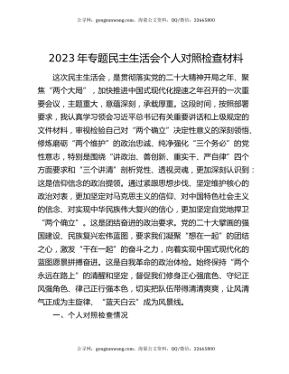 2023年专题民主生活会个人对照检查材料