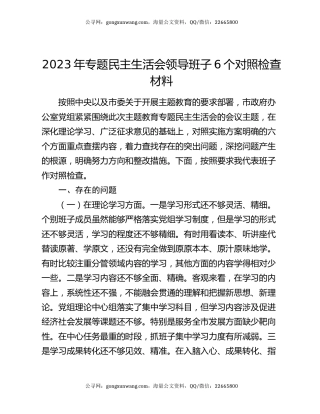 2023年专题民主生活会领导班子6个对照检查材料