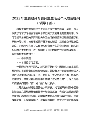 2023年主题教育专题民主生活会个人发言提纲（领导干部）
