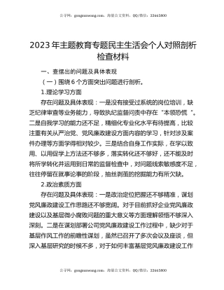 2023年主题教育专题民主生活会个人对照剖析检查材料