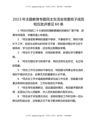 2023年主题教育专题民主生活会党委班子成员相互批评意见60条