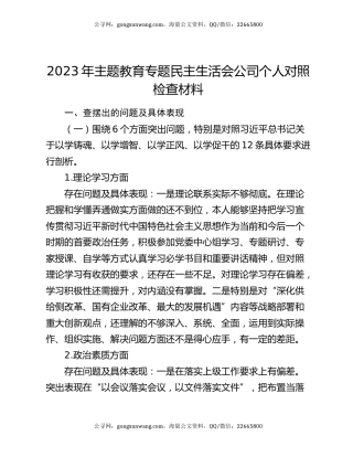 2023年主题教育专题民主生活会公司个人对照检查材料