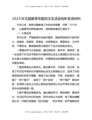 2023年主题教育专题民主生活会剖析发言材料
