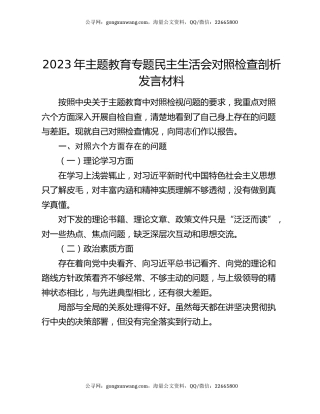 2023年主题教育专题民主生活会对照检查剖析发言材料