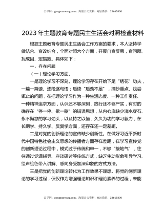 2023年主题教育专题民主生活会对照检查材料