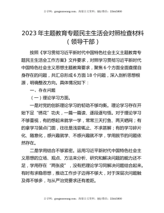 2023年主题教育专题民主生活会对照检查材料（领导干部）