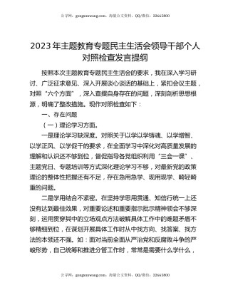 2023年主题教育专题民主生活会领导干部个人对照检查发言提纲