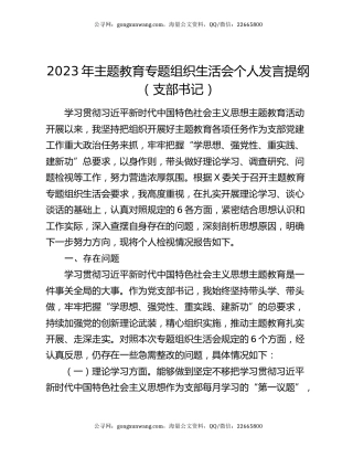 2023年主题教育专题组织生活会个人发言提纲（支部书记）