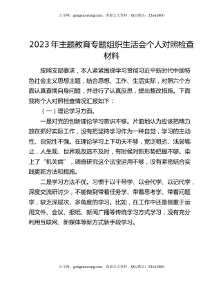 2023年主题教育专题组织生活会个人对照检查材料