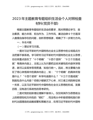 2023年主题教育专题组织生活会个人对照检查材料(党员干部)