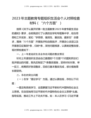 2023年主题教育专题组织生活会个人对照检查材料（“六个方面”）