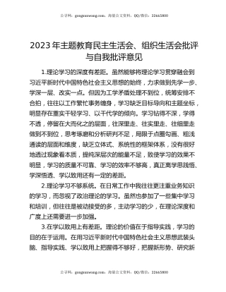 2023年主题教育民主生活会、组织生活会批评与自我批评意见