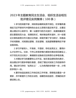 2023年主题教育民主生活会、组织生活会相互批评意见实例集锦（100条）