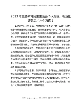 2023年主题教育民主生活会个人检视、相互批评意见（六个方面）