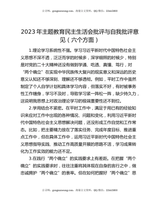 2023年主题教育民主生活会批评与自我批评意见（六个方面）