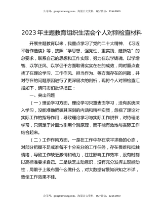 2023年主题教育组织生活会个人对照检查材料