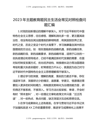 2023年主题教育题民主生活会常见对照检查问题汇编