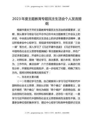 2023年度主题教育专题民主生活会个人发言提纲