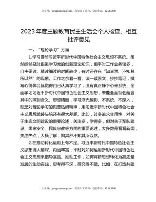 2023年度主题教育民主生活会个人检查、相互批评意见