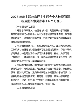 2023年度主题教育民主生活会个人检视问题、相互批评意见参考（6个方面）