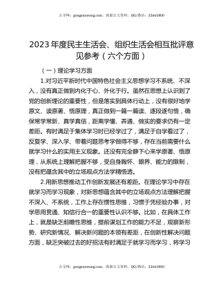 2023年度民主生活会、组织生活会相互批评意见参考（六个方面）
