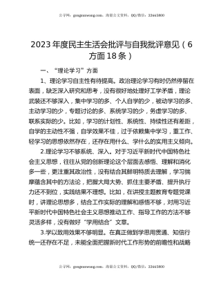 2023年度民主生活会批评与自我批评意见（6方面18条）