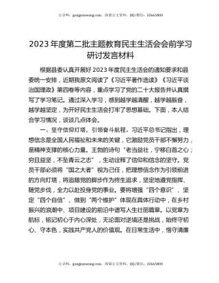 2023年度第二批主题教育民主生活会会前学习研讨发言材料