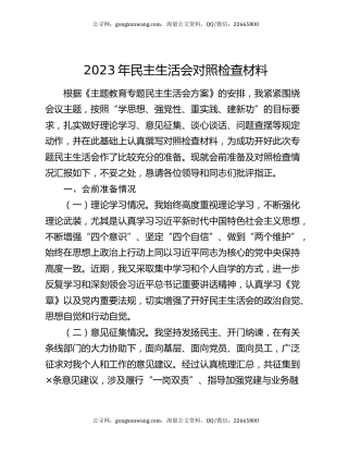 2023年民主生活会对照检查材料
