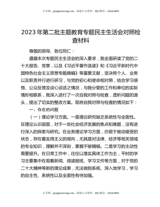 2023年第二批主题教育专题民主生活会对照检查材料