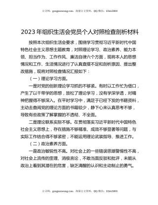 2023年组织生活会党员个人对照检查剖析材料