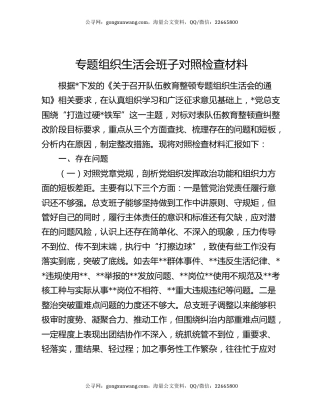 专题组织生活会班子对照检查材料
