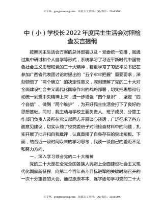 中（小）学校长2022年度民主生活会对照检查发言提纲