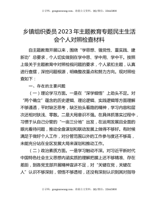 乡镇组织委员2023年主题教育专题民主生活会个人对照检查材料