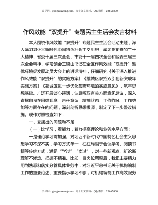作风效能“双提升”专题民主生活会发言材料