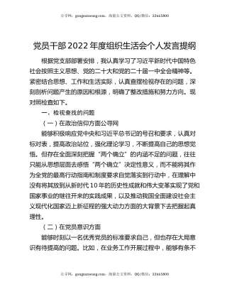 党员干部2022年度组织生活会个人发言提纲