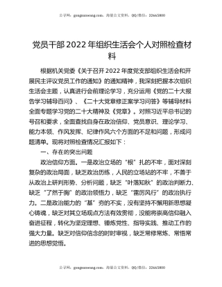 党员干部2022年组织生活会个人对照检查材料