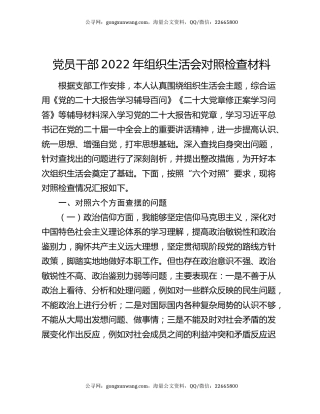 党员干部2022年组织生活会对照检查材料