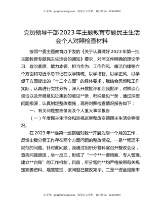 党员领导干部2023年主题教育专题民主生活会个人对照检查材料