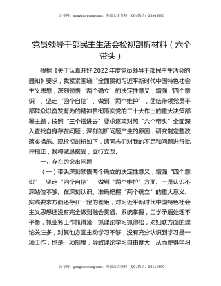 党员领导干部民主生活会检视剖析材料（六个带头）