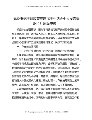 党委书记主题教育专题民主生活会个人发言提纲（厅局级单位）