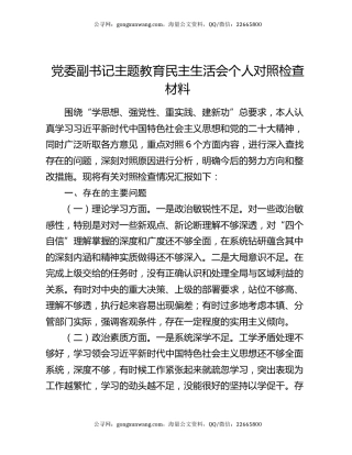 党委副书记主题教育民主生活会个人对照检查材料
