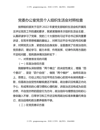党委办公室党员个人组织生活会对照检查