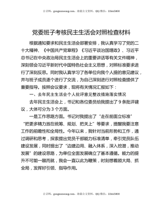 党委班子考核民主生活会对照检查材料4