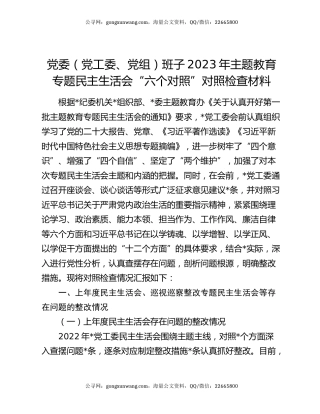党委（党工委、党组）班子2023年主题教育专题民主生活会“六个对照”对照检查材料
