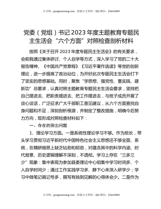 党委（党组）书记2023年度主题教育专题民主生活会“六个方面”对照检查剖析材料