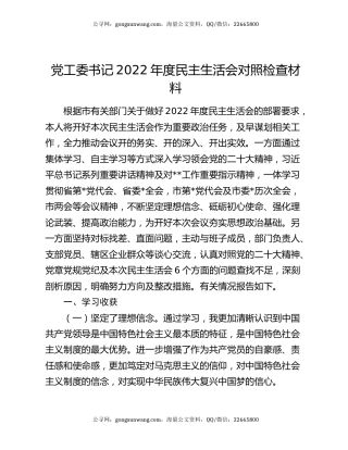 党工委书记2022年度民主生活会对照检查材料
