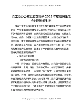 党工委办公室党支部班子2022年度组织生活会对照检查材料